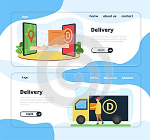 Set of delivery banner illustrations. Illustration of a hand from a smartphone with a delivery icon handing over a