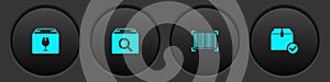 Set Delivery box with fragile content, Search package, Barcode and Package check mark icon. Vector