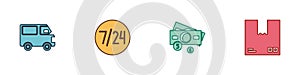 Set Delivery cargo truck vehicle, Clock 24 hours, Stacks paper money cash and Cardboard box with traffic symbol icon