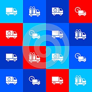 Set Delivery cargo truck vehicle, with gift, and stopwatch and clock icon. Vector