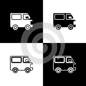 Set Delivery cargo truck vehicle icon isolated on black and white background. Vector Illustration