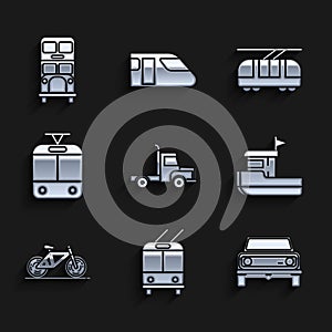 Set Delivery cargo truck vehicle, Trolleybus, Off road, Fishing boat, Bicycle, Tram and railway, and Double decker icon