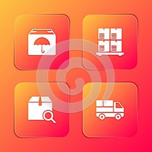 Set Delivery package with umbrella, Cardboard boxes on pallet, Search and truck icon. Vector