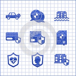 Set Delivery security with shield, Life insurance, House, Contract, Credit card, flood and Car icon. Vector