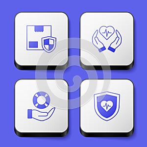Set Delivery security with shield, Life insurance, Lifebuoy hand and icon. White square button. Vector