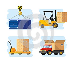 Set of delivery service with forklift and truck transportation
