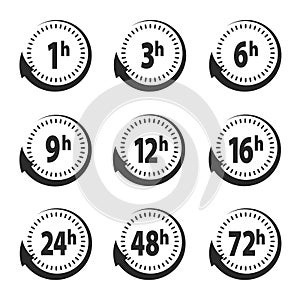 Set of delivery service time icons clock arrow 1, 3, 6, 9, 12, 16, 24, 48, 72 hours for design, stock vector illustration