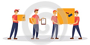 Set of delivery service workers characters in different poses. Couriers in red uniform isolated on white background.