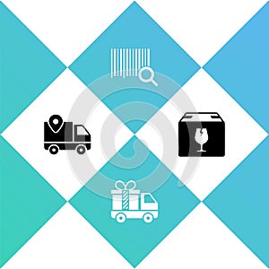 Set Delivery tracking, truck with gift, Search barcode and box fragile content icon. Vector
