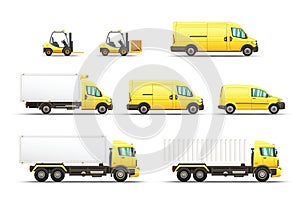 Set of delivery and transportation vehicles illustrations.