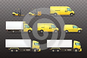 Set of delivery and transportation vehicles illustrations.