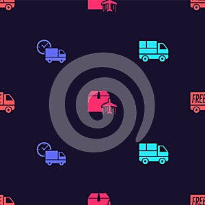 Set Delivery truck with boxes, and clock, Plane cardboard and Free delivery service on seamless pattern. Vector