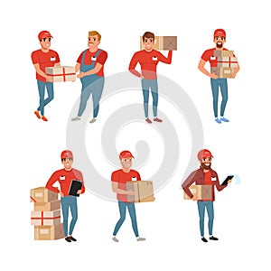 Set of deliverymen with cardboard boxes in hands. Couriers delivery parcels to clients. Delivery service concept vector