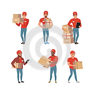 Set of deliverymen with cardboard boxes in hands. Couriers delivery parcels to clients vector illustration