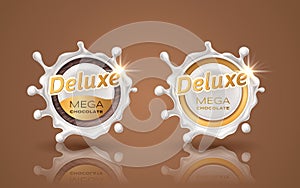 Set of deluxe design labels in gold color isolated on background. Swirl dynamic splash of milk. White chocolate circular
