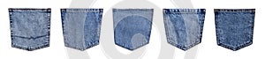 Set with denim pockets on white background background. Banner design