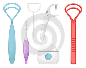 Set of Dental Care Icons, Oral Hygiene Individual Tools, Equipment for Teeth Cleaning. Dental Floss and Tongue Scrapers