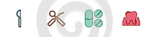 Set Dental floss, inspection mirror, Painkiller tablet and Tooth icon. Vector