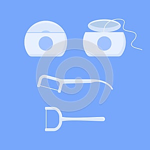 Set of dental floss and toothpick. Flat style vector illustration.