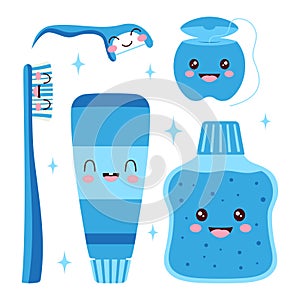 Set for dental hygiene toothpaste, floss, toothbrush and mouthwash