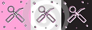 Set Dental inspection mirror and explorer scaler icon isolated on pink and white, black background. Tool dental checkup