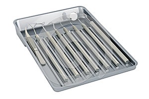 Set of dental instruments in metallic tray, 3D rendering