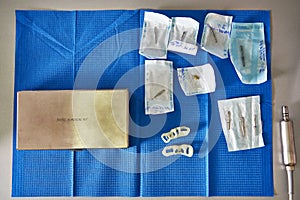 Set of dental instruments in sterile sealed packaging