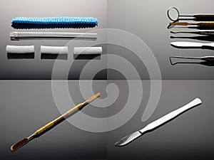 Set of dental professional tools on black background with gradient and reflection