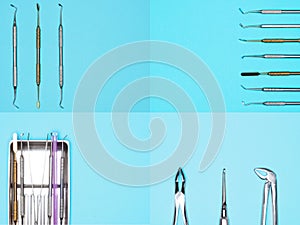 Set of dental professional tools on blue background