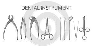 A set of dental tools. Instruments for treating and checking teeth and oral cavity. Dental clinic equipment. Flat style, vector