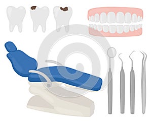 Set dental treatment healthy and sick teeth jaw stomatological tools chair vector illustration.