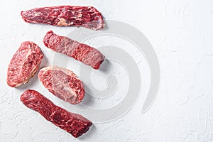Set of denver, top blade, tri tip steak, machete, flank, bavette London broil marble beef on white background top view space for