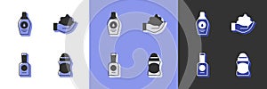 Set Deodorant roll, Bottle of shampoo, nail polish and Shaving foam on hand icon. Vector