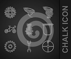 Set Derailleur bicycle rear, Wrench spanner, Bicycle wheel, lock, cassette, helmet and sprocket crank icon. Vector