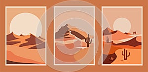 Set of desert landscapes. Vector illustration in flat style. Templates for posters, placards, brochures