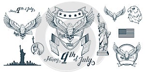 Set for design of America`s Independence Day. Traditional Symbols of America. Bald eagle logo. Happy Independence Day.