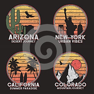 Set of design for american slogan t-shirt. Arizona, New York, Colorado and California typography graphics for grunge tee shirt. photo