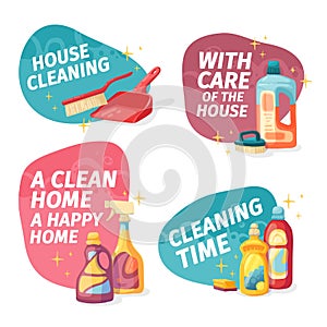 Set design banner House cleaning with cleaning products. Cartoon illustration household chemicals. Temlate for flyer