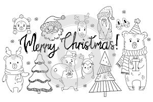 Set of design elements for Christmas characters and New Year animals in doodle style. Vector illustration. outline