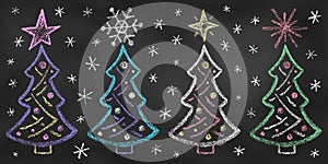 Set of Design Elements Christmas Trees of Different Colors Isolated on Chalkboard. Realistic Chalk Drawn Sketch
