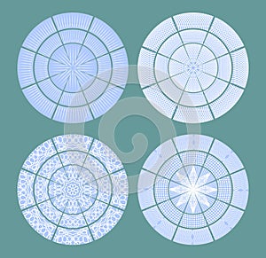 Set of design elements, circle shapes, white patterns on blue background.