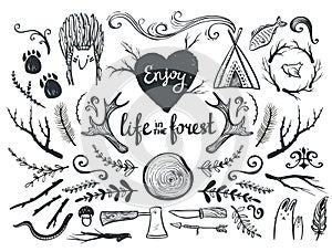 Set of design elements and clip art themed around animals ,camping and life in the forest.