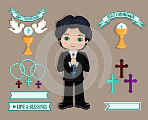 Set of design elements for First Communion for boys.