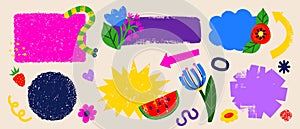 Set of design elements, frames, speech bubbles, arrows, flowers. Summer colorful forms, watermelon, strawberry.