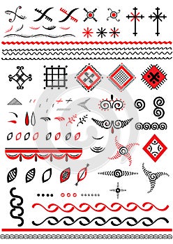 Set of design elements of the Russian Mezen painting. Simple decorative patterns for drawing.