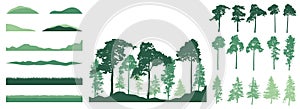 Set of design elements of trees, grass, hill. Creation of forest. Beautiful silhouettes of pine, spruce. Constructor set. Vector