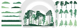 Set of design elements of trees, grass, hill. Creation of forest. Beautiful silhouettes of pine, spruce. Constructor set. Vector photo