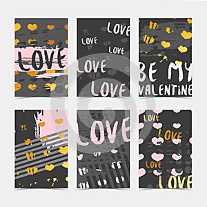 Set design modern hipster cards, label, decor, banner with the decor of gold, grunge stains, texture and ink. The