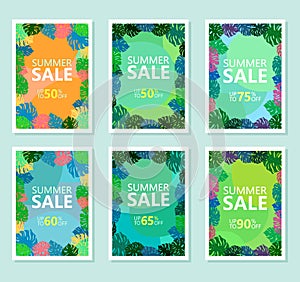Set of design promotional discount banner templates on tropical background with monstera leaves.