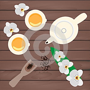 Set for design of tea ceremony, table setting with objects on natural wooden background. Two cups, porcelain teapot, scoop